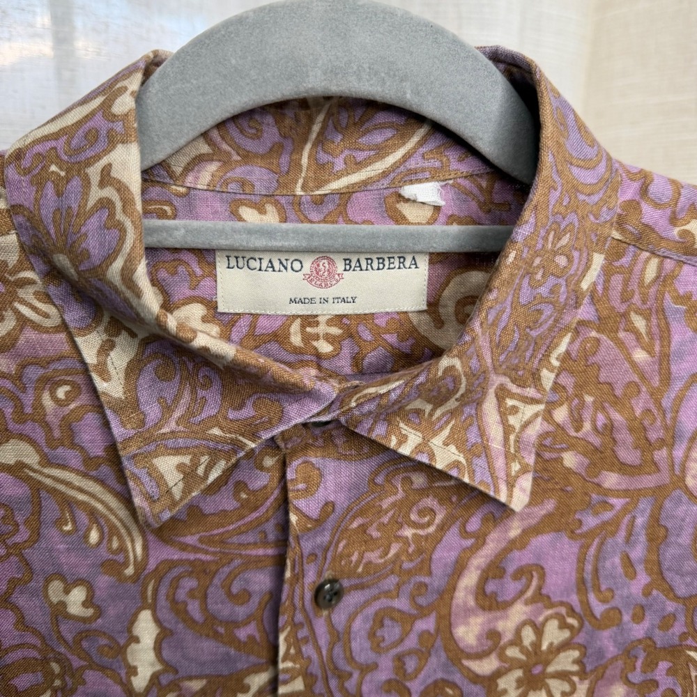 Luciano Barbera 100% Linen Button Down Shirt Purple Brown Paisley Italy LARGE - Picture 8 of 10